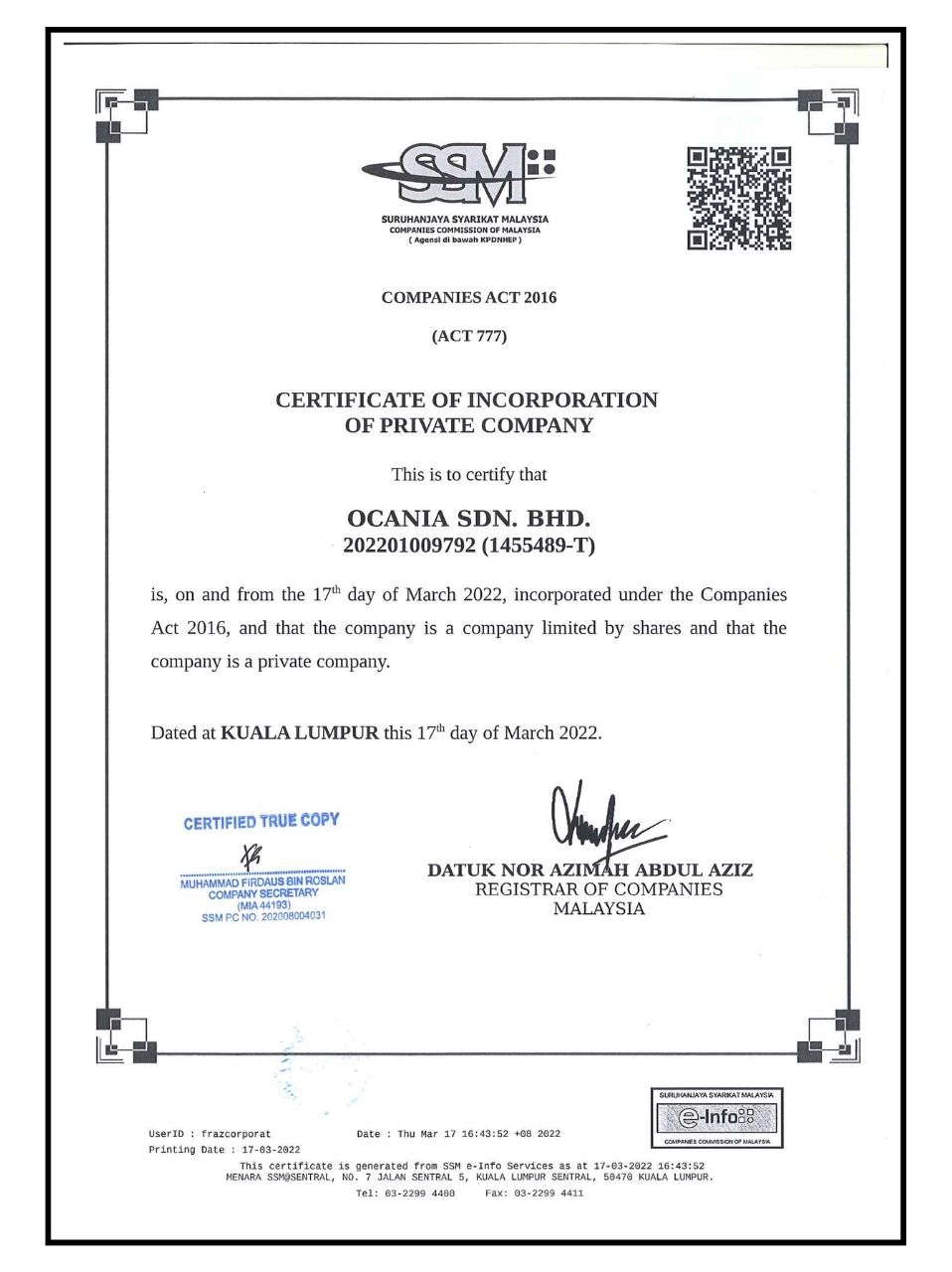 OCANIA SSM License 1