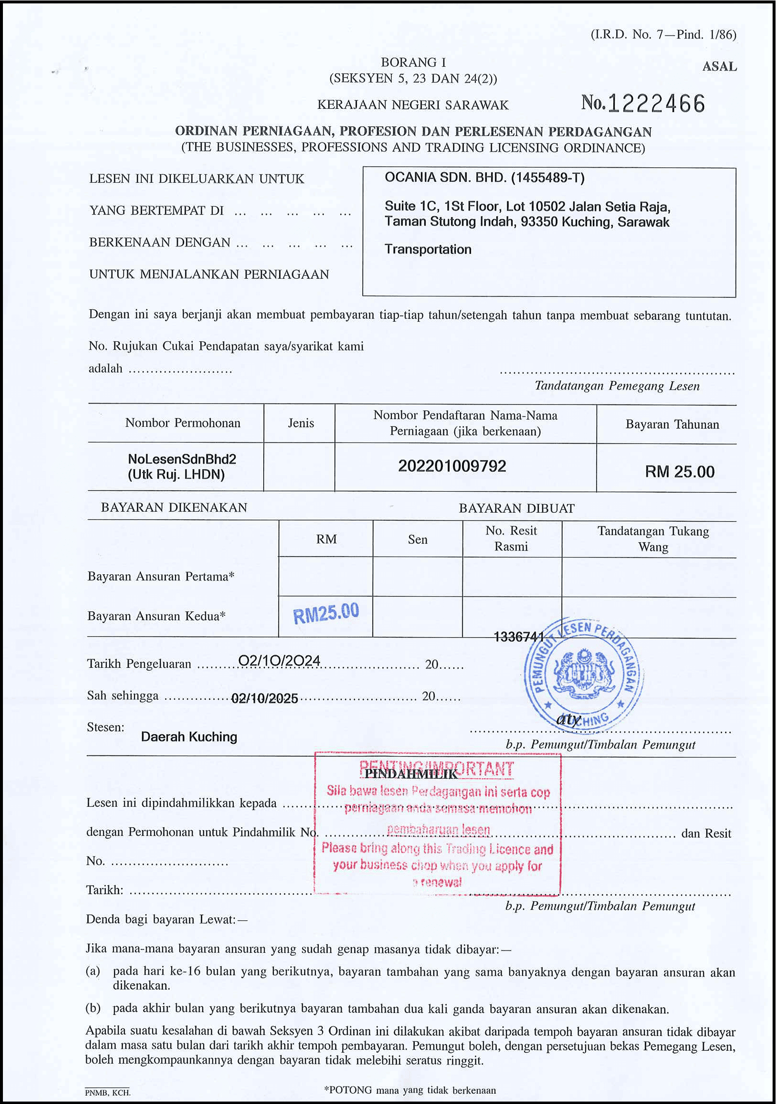 OCANIA Sarawak Trading License Transportation